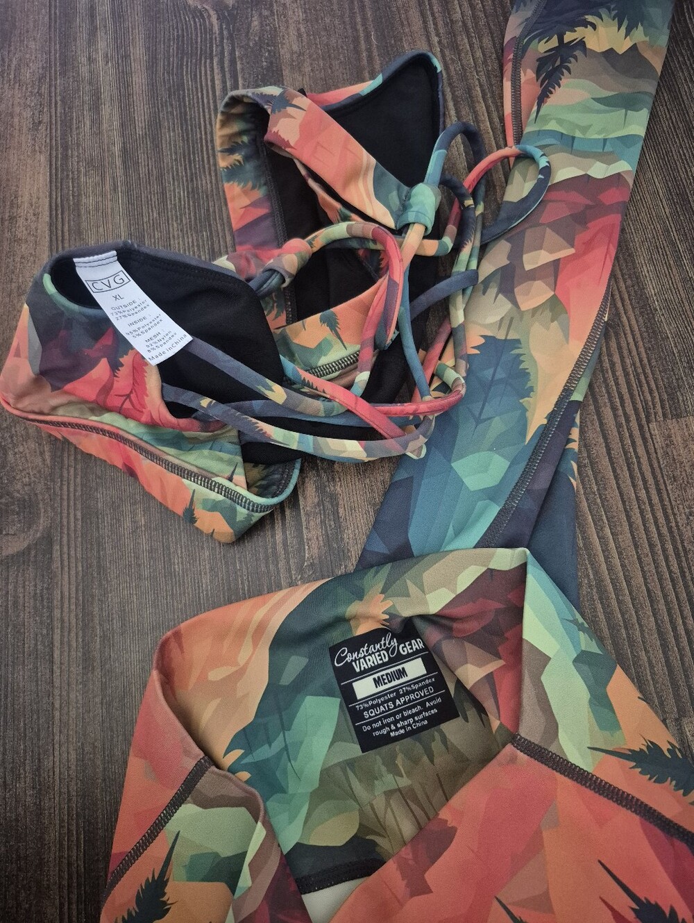 Constantly Varied Gear Mountain Forest Orange Green Bra Leggings Set Medium XL - Picture 3 of 6